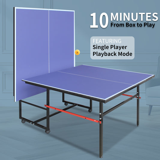 8ft Foldable Mid-Size Table Tennis Table Set for Indoor/Outdoor Use with Net, 2 Paddles, 3 Balls – Portable Blue