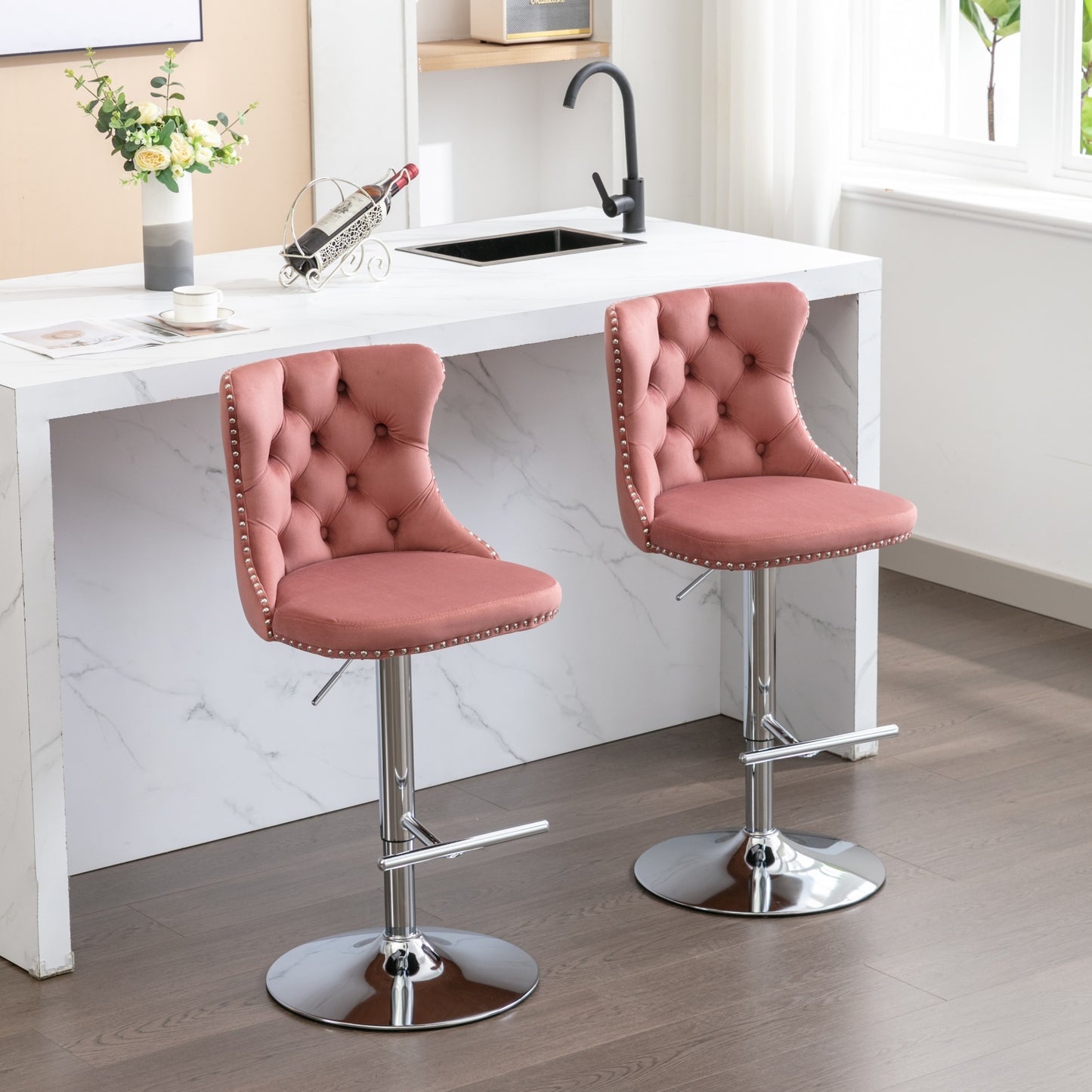 Swivel Velvet Barstools Adjustable 25 To 33 Pink Set Of 2
