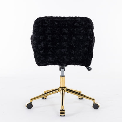 Elegant Black Upholstered Office Chair with Golden Metal Base, Adjustable Swivel Design, Ideal for Home and Vanity Use