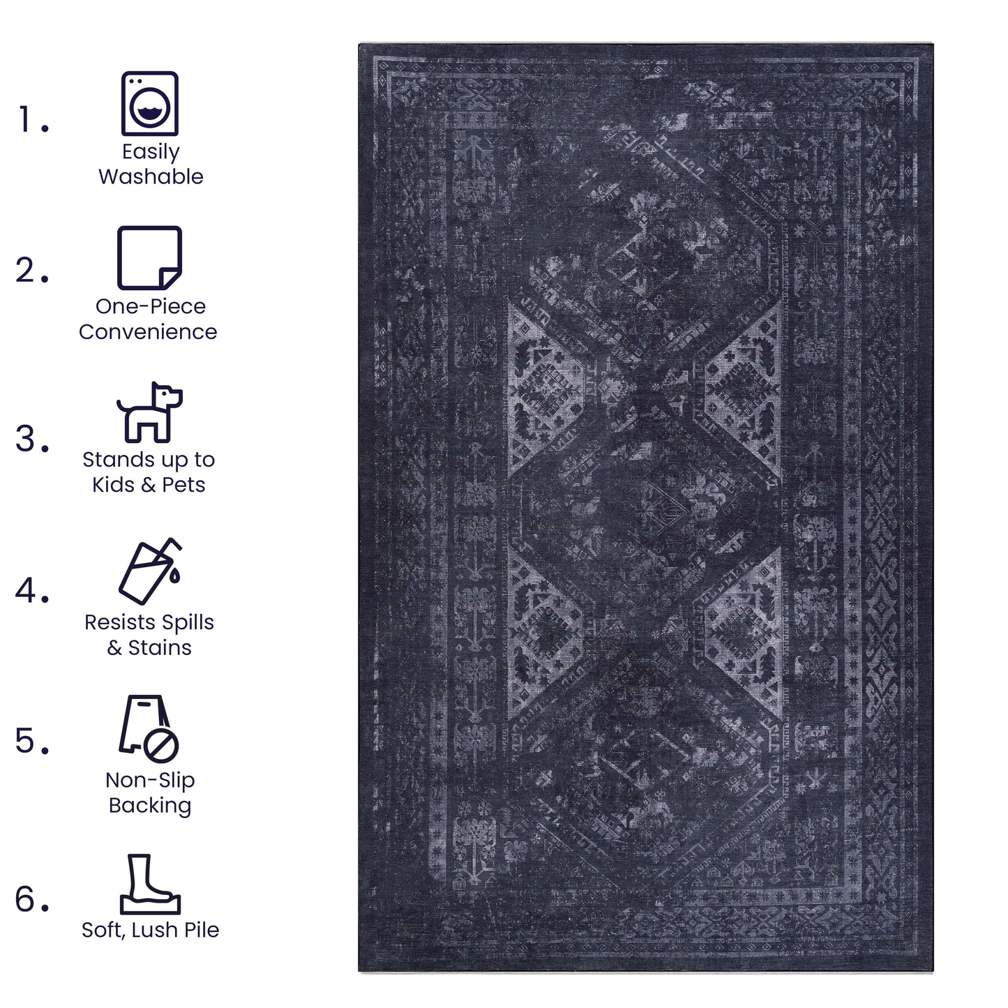 8x10 Machine-Washable Area Rug - Low-Pile Chenille, Pet & Kid Friendly - Polyester Rug - Black and Gray
