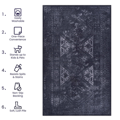 2x3 Machine Washable Area Rug - Non-Slip, Foldable, Kid & Pet Friendly, Non-Shedding Black & Gray