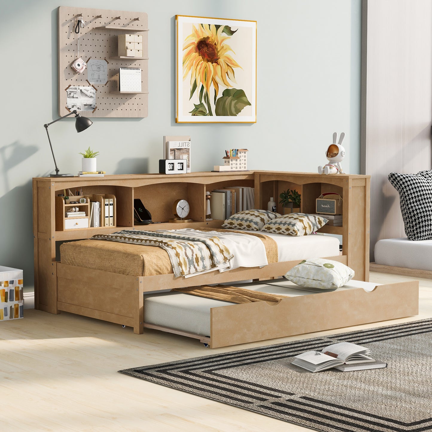 Twin Size Wooden Daybed with Trundle, Built-in Storage, and USB Charging Ports