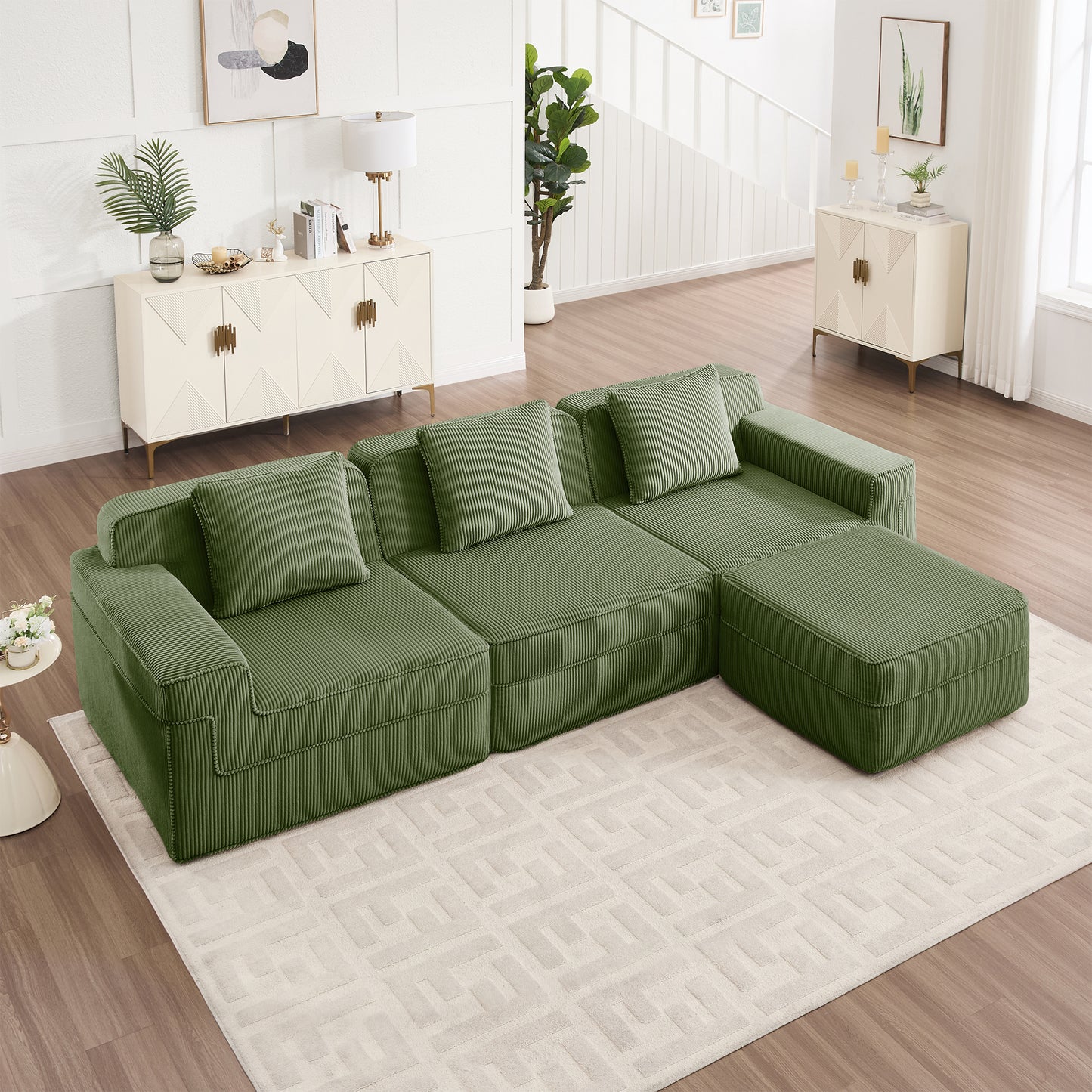 Modular 3-Seat L-Shape Sectional Sofa with Movable Ottoman, Corduroy, Deep Seats, Living Room Green