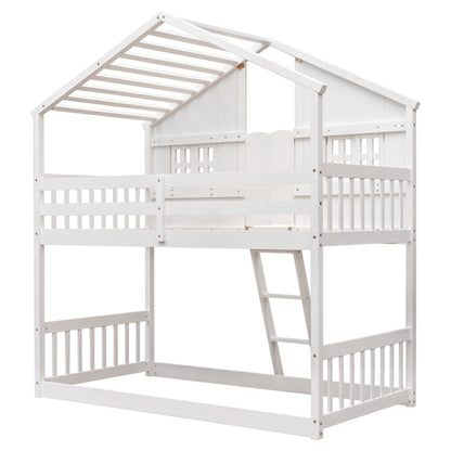 Charming Twin Over Twin House Bunk Bed with Roof and Window Features, Safety Guardrails and Ladder, White