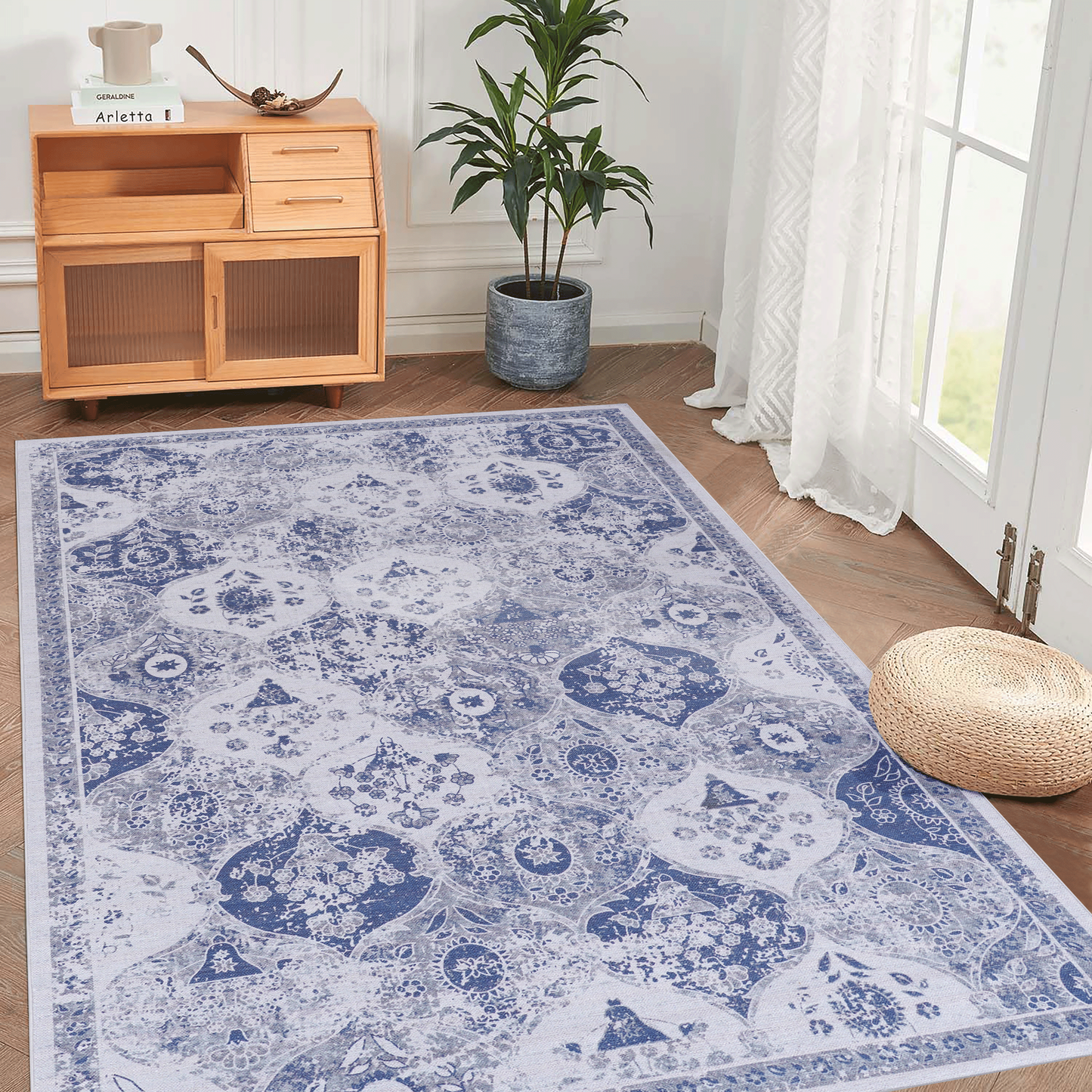 8x10 Area Rug, Machine-Washable, Low-Pile Chenille, Non-Slip Backing, Foldable, Kid & Pet Friendly - Blue
