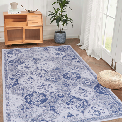 8x10 Area Rug, Machine-Washable, Low-Pile Chenille, Non-Slip Backing, Foldable, Kid & Pet Friendly - Blue