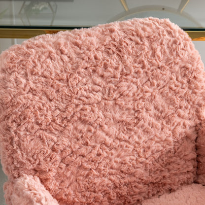 Elegant Pink Upholstered Office Chair with Golden Base - Adjustable Swivel Vanity Chair with Rabbit Fur Cushion