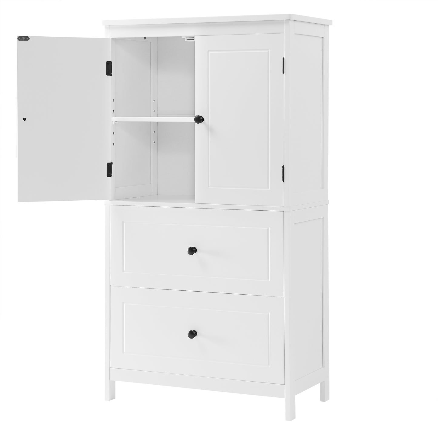 White MDF Bathroom Storage Cabinet with Adjustable Shelves, Two Doors, and Drawers