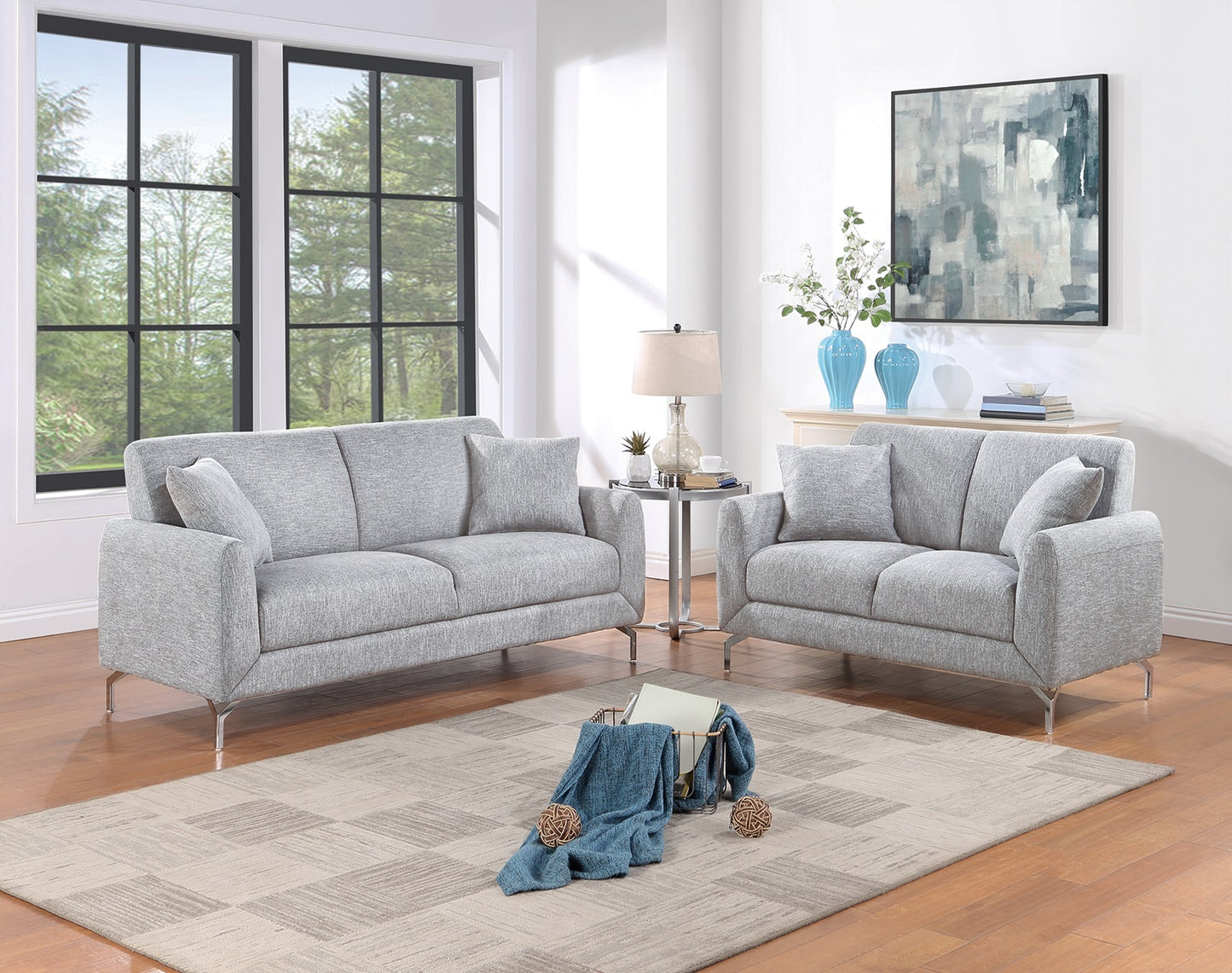 2-Piece Sofa Set: Sofa + Loveseat, Burlap-Like Fabric, Chrome Legs, Pillows, 75in + 56in, Light Gray