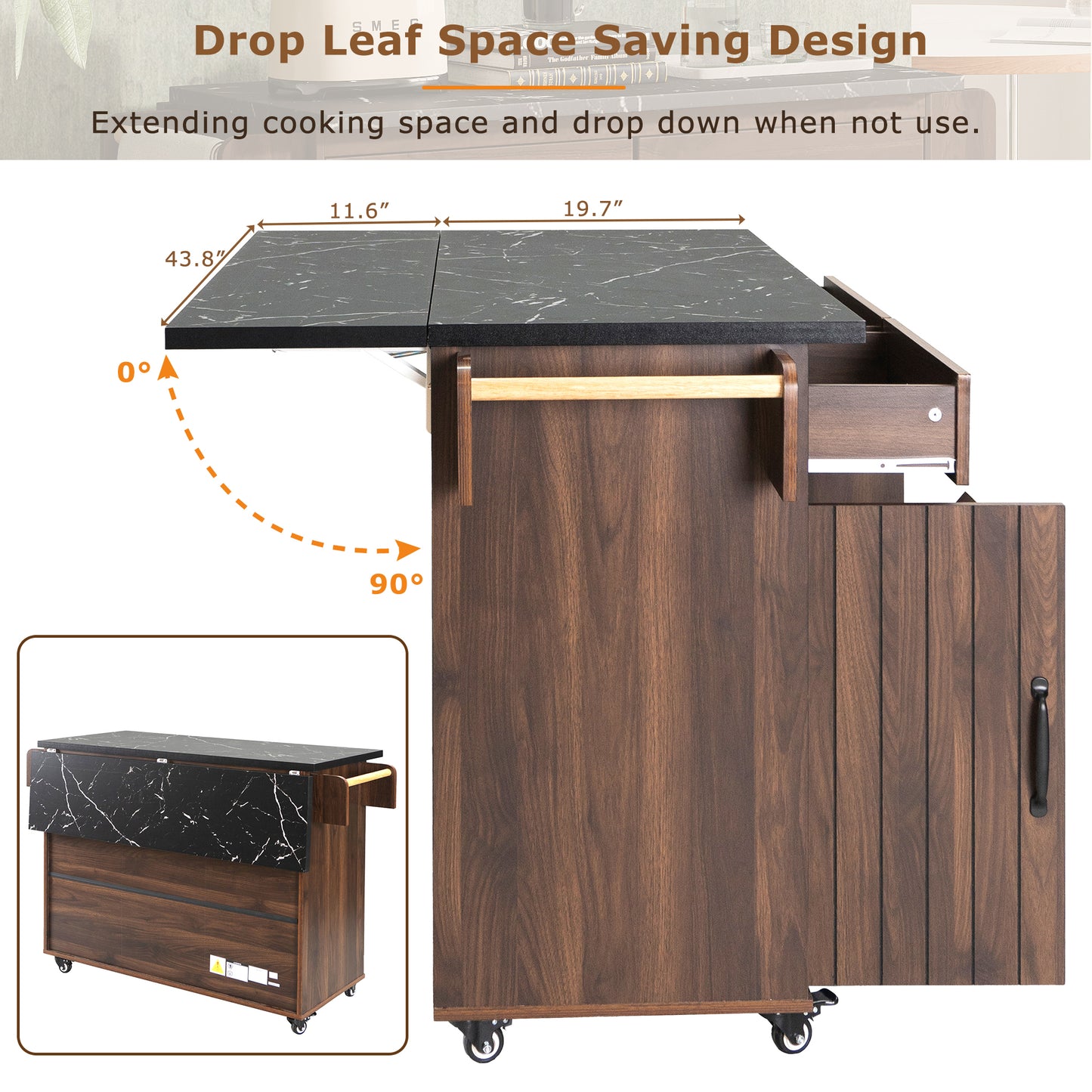 Walnut Brown Rolling Kitchen Island with Drop Leaf, Trash Can Storage, Spice & Towel Racks, and Adjustable Shelves