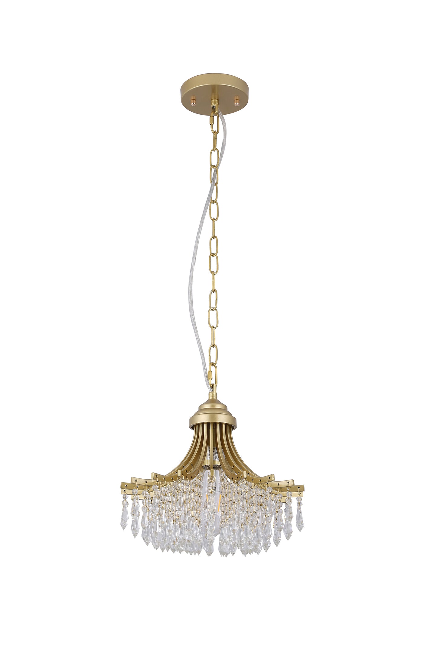 11.75-Inch Pendant Light, 1-Bulb, Fan-Shape Glass Bead Shade, Metal Chandelier, Dimmable, 10-Inch, Gold