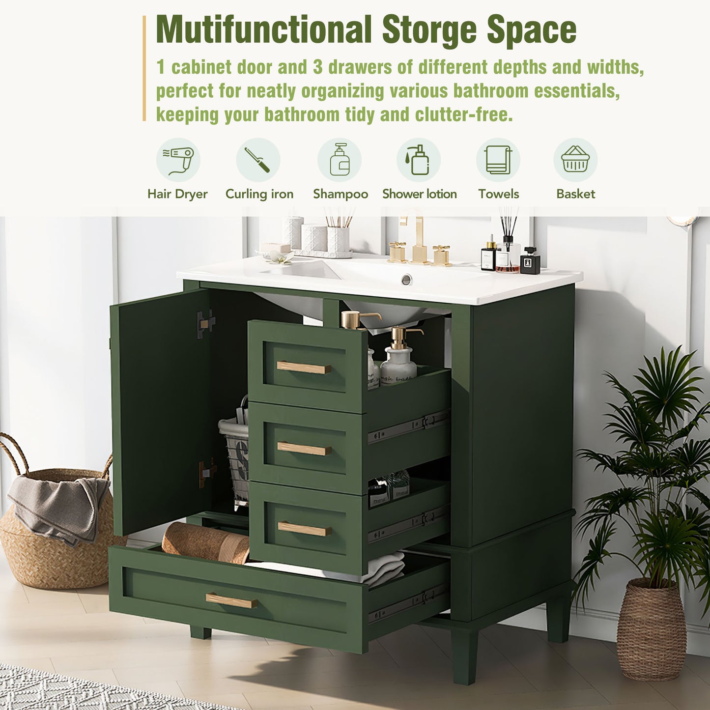 30" Stylish Green Bathroom Vanity with Soft-Close Doors and Sink Combo, Modern Cabinet Featuring 3 Spacious Drawers and Solid Wood Frame