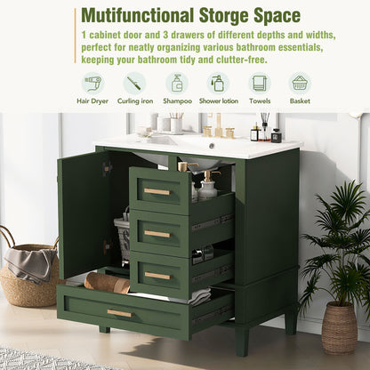 30" Stylish Green Bathroom Vanity with Soft-Close Doors and Sink Combo, Modern Cabinet Featuring 3 Spacious Drawers and Solid Wood Frame