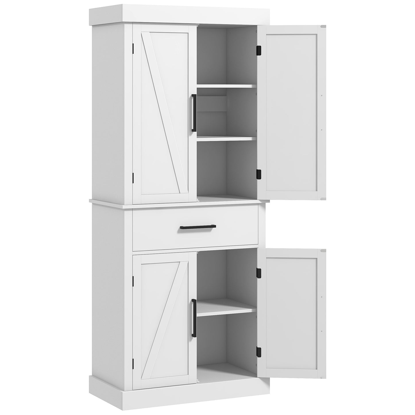 Elegant White Farmhouse Kitchen Pantry Cabinet with Adjustable Shelves and Barn Doors