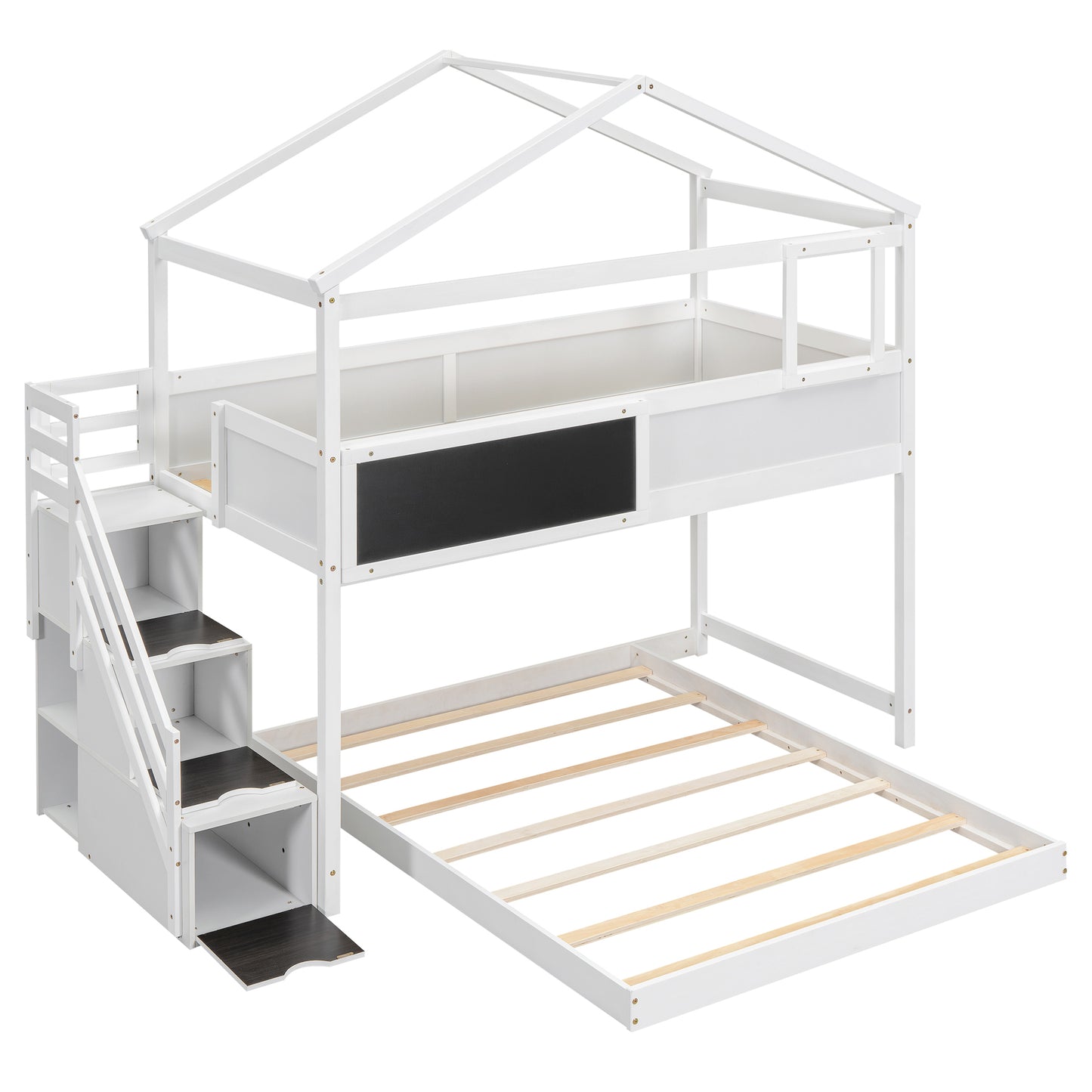 Whimsical Twin over Full House Bunk Bed with Storage Steps and Blackboard, White