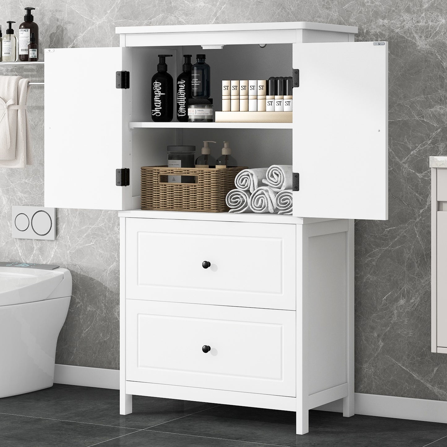 White MDF Bathroom Storage Cabinet with Adjustable Shelves, Two Doors, and Drawers