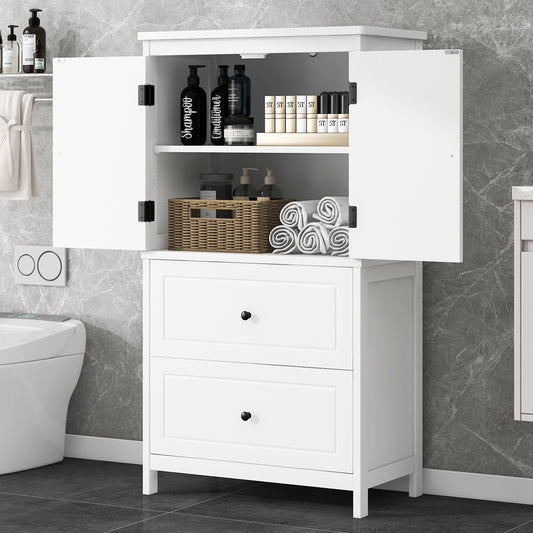 White MDF Bathroom Storage Cabinet with Adjustable Shelves, Two Doors, and Drawers