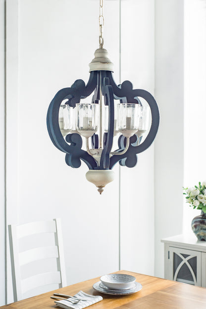 6-Light Wood Chandelier, Farmhouse Pendant for Kitchen, Living, Bulb Not Included, Navy Blue and White Finish