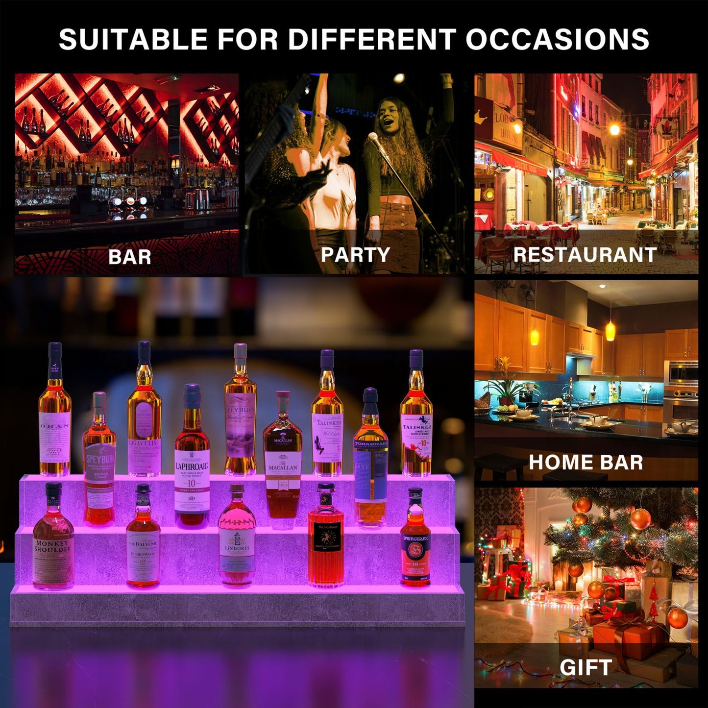 Illuminated 37 Inch Grey Liquor Bottle Display Shelf LED App