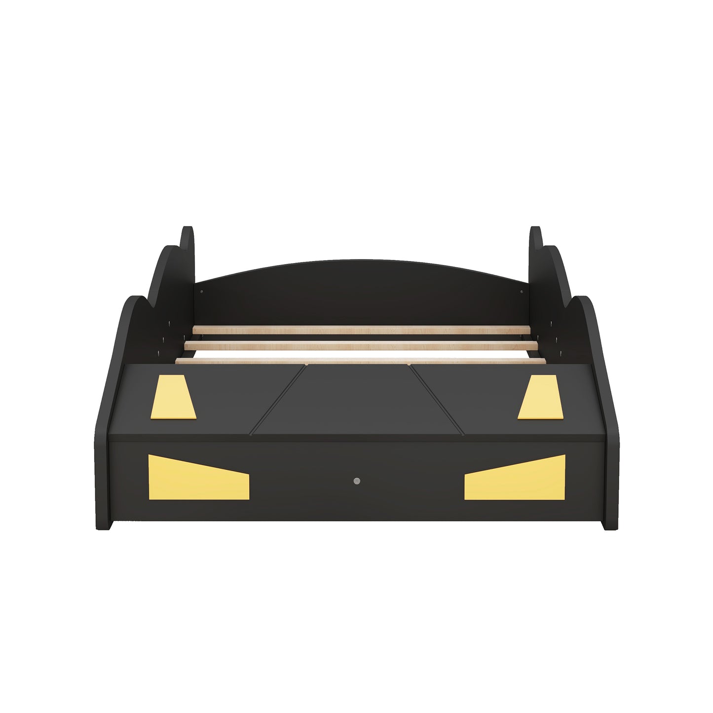 Twin Size Race Car Platform Bed with Storage and Wheels in Black and Yellow