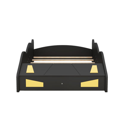 Twin Size Race Car Platform Bed with Storage and Wheels in Black and Yellow