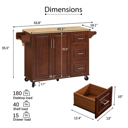 Rolling Kitchen Island Cart with Drop Leaf Tabletop and Storage, Retro Brown Barn Door Design on Wheels