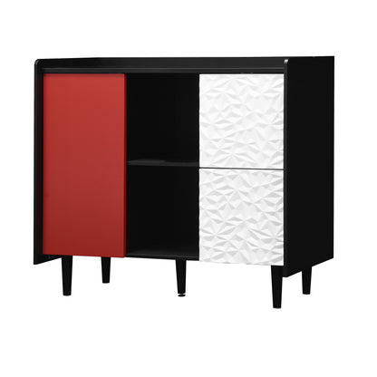 Sideboard Buffet Cabinet, Black Storage Cabinet with Red Doors , 2 Drawers with unique panel styling and 2 Open Storage Compartment, Modern Coffee Bar Cabinet Accent Cabinet for Kitchen, Dining Room,