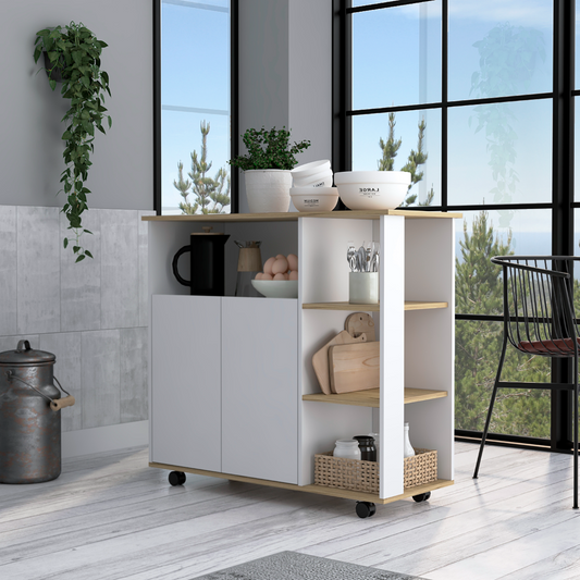 Multifunctional Kitchen Cart with Four Shelves and Locking Casters - Light Oak/White Finish