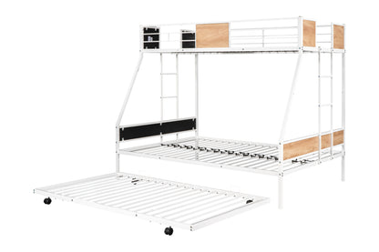 Sturdy Metal Twin Over Full Bunk Bed with Trundle and Safety Guardrails - Space-Saving Design with Noise Reduction and Wooden Accents