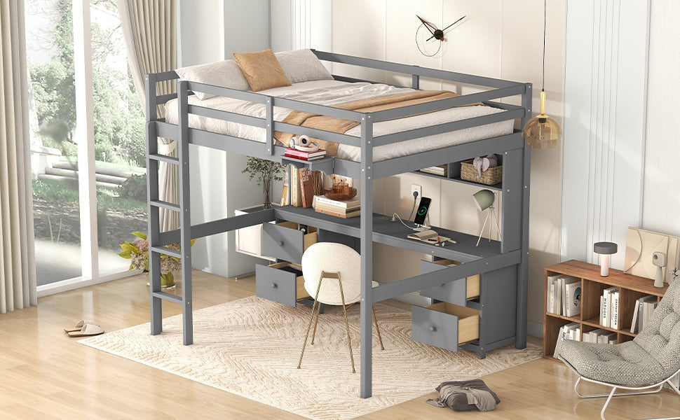 Gray Full Size Loft Bed with Integrated Desk, Storage Solutions, and Charging Station