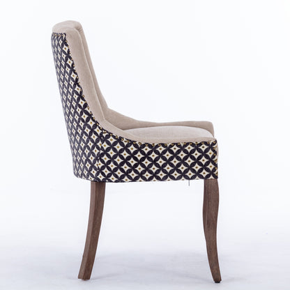 A&A Furniture, Ultra Side Dining Chair, Thickened fabric chairs with neutrally toned solid wood legs, Bronze nail head, Set of 2, Beige and Patterned,SW2207BG