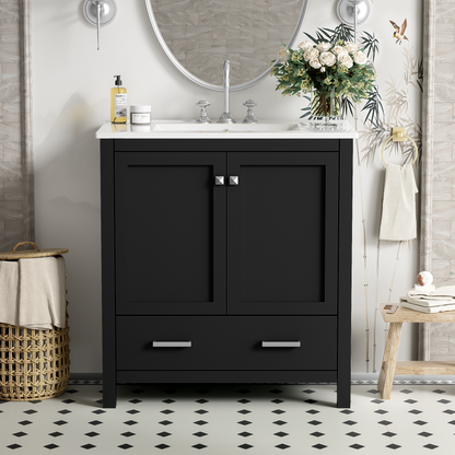 30-Inch Modern Black Bathroom Vanity with Single Sink and Soft-Close Doors, Stylish Storage Cabinet with Undermount Ceramic Basin, Durable Solid Wood Frame