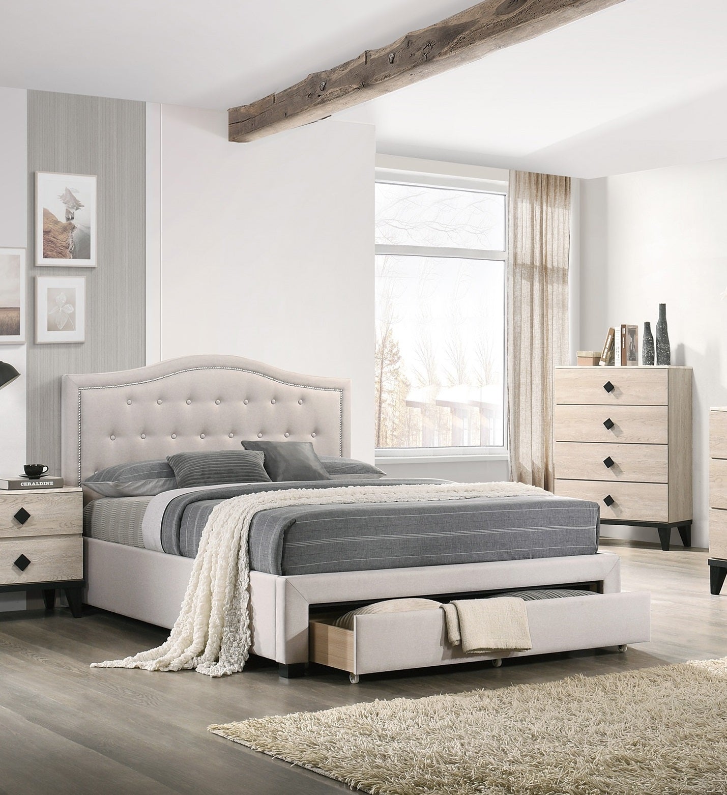 Elegant Light Brown Burlap Upholstered Queen Bed Frame with Storage Drawer & Button Tufted Arch Headboard