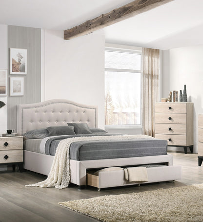 Elegant Light Brown Burlap Upholstered Queen Bed Frame with Storage Drawer & Button Tufted Arch Headboard