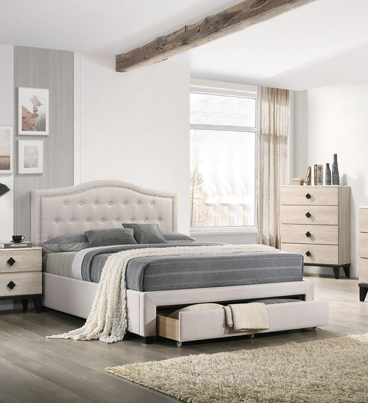 Elegant Light Brown Burlap Upholstered Queen Bed Frame with Storage Drawer & Button Tufted Arch Headboard