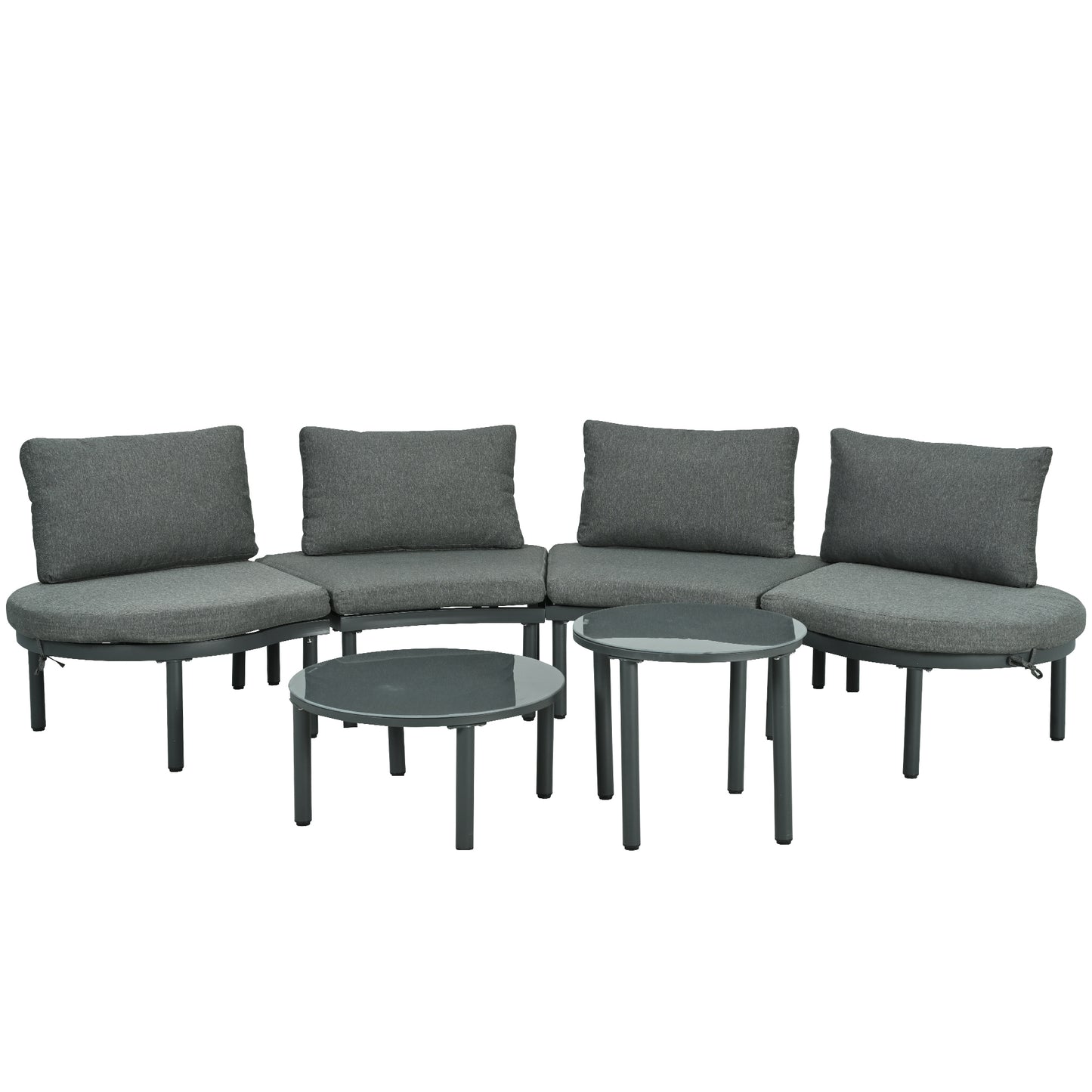 Six-Piece Outdoor Patio Sofa Set With Half Moon Sectional And Coffee Tables Cushions PE Wicker Tempered Glass Gray