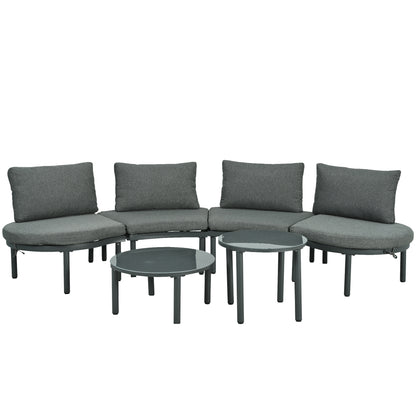 Six-Piece Outdoor Patio Sofa Set With Half Moon Sectional And Coffee Tables Cushions PE Wicker Tempered Glass Gray