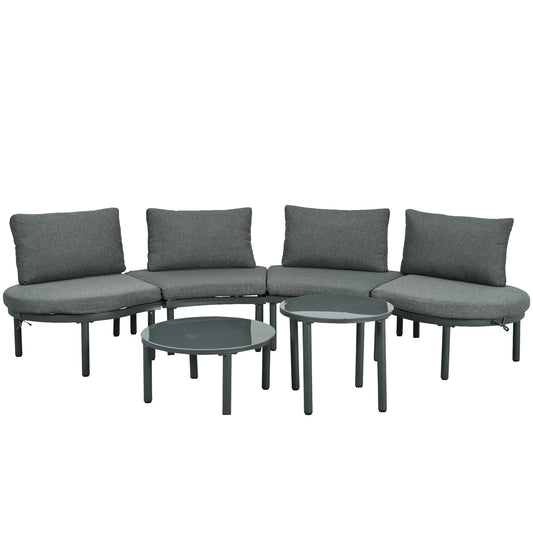 Six-Piece Outdoor Patio Sofa Set With Half Moon Sectional And Coffee Tables Cushions PE Wicker Tempered Glass Gray