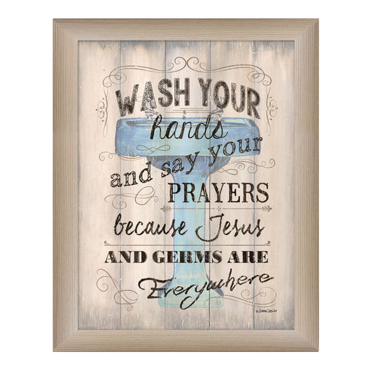 14 x 18 Inch Ready-To-Hang Framed Wall Art Poster - Wash Your Hands Typography Print on Paper, 1-Inch Frame Beige