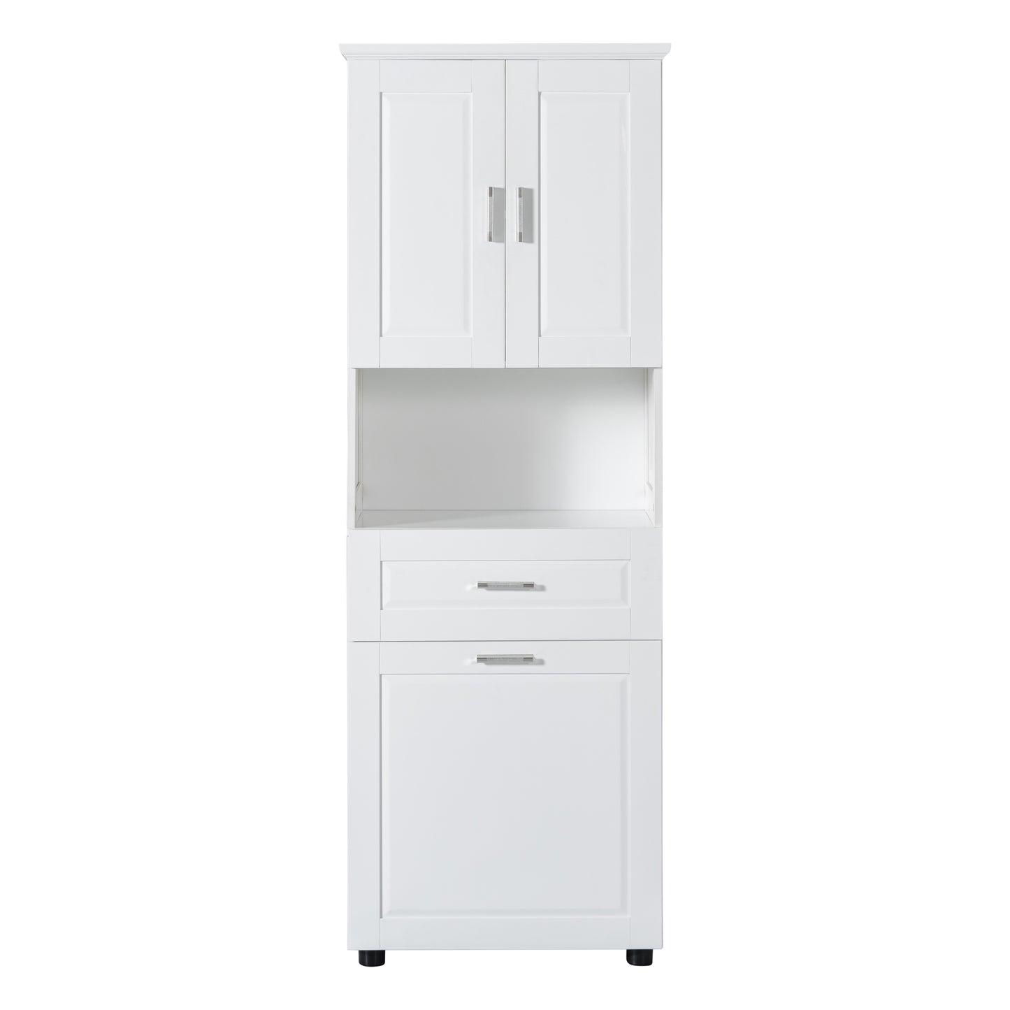 White Tall Storage Cabinet with Tilt-Out Laundry Hamper and Upper Shelves