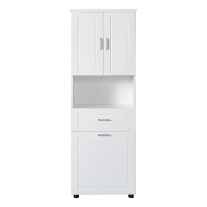 White Tall Storage Cabinet with Tilt-Out Laundry Hamper and Upper Shelves