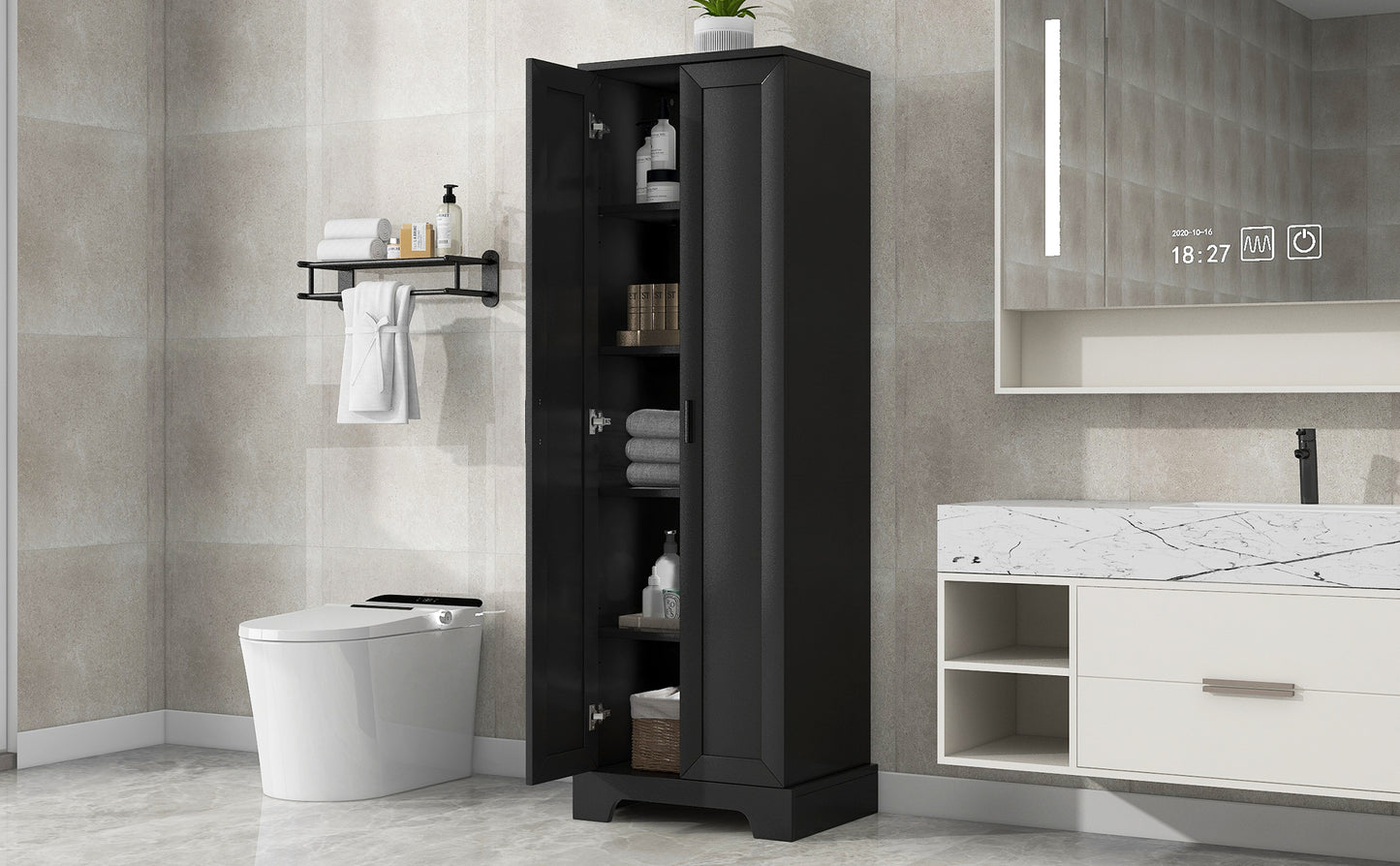 Elegant Black Storage Cabinet with Adjustable Shelves for Bathroom and Office