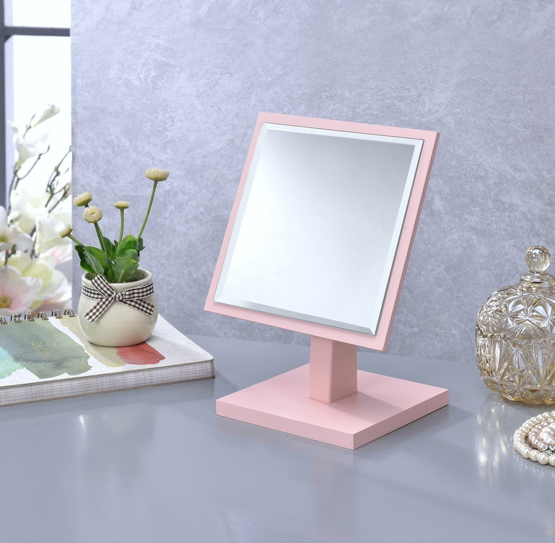 Pastel Pink 9.25" Decorative Pedestal Makeup Mirror with Wooden Base