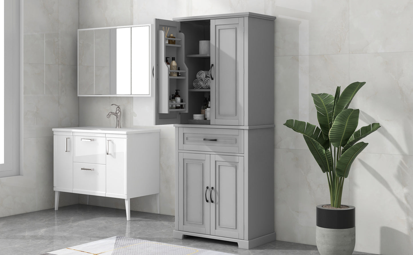 Tall Grey MDF Bathroom Storage Cabinet with Adjustable Shelf and Multiple Storage Solutions