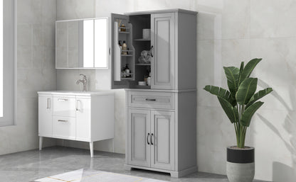 Tall Grey MDF Bathroom Storage Cabinet with Adjustable Shelf and Multiple Storage Solutions