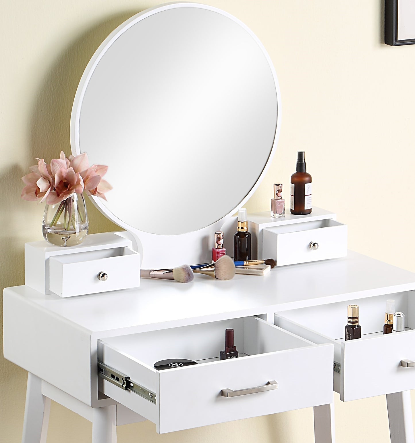 Contemporary Wood Vanity and Stool Set for Bedroom or Dressing Area with Drawer Storage, Modern Style, White