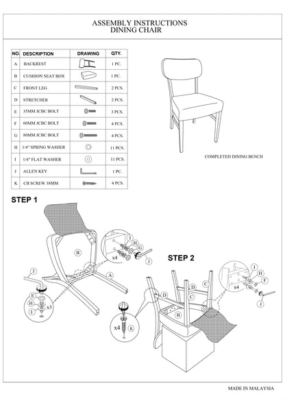 Solid Rubberwood Dining Chairs, 2-Pack, Fabric Cushioned Seats, Dining Room, Natural Wood Grain Color