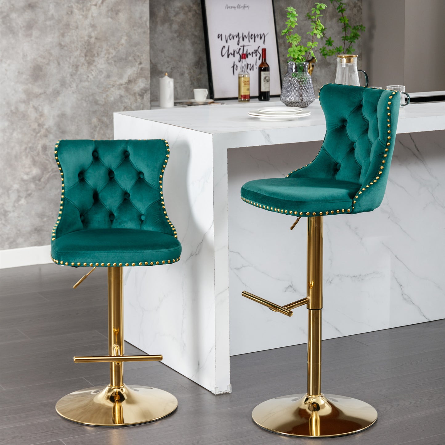 Set of 2 Adjustable Swivel Bar Stools, 25-33 in, Velvet, Modern Kitchen Island Counter Height, Green