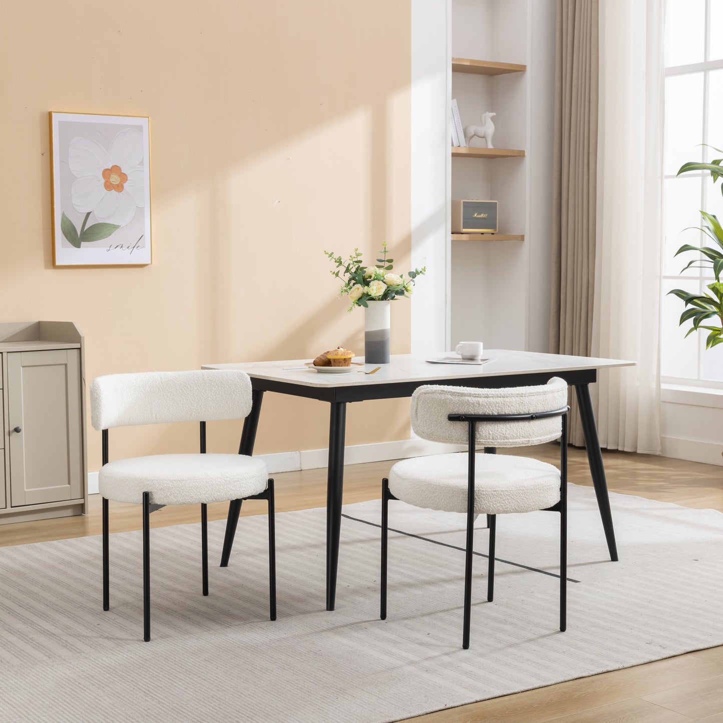 Set of 2 Modern Round Boucle Dining Chairs with Foam Cushions, 20.25W x 20.25D x 29H, Iron Legs, White