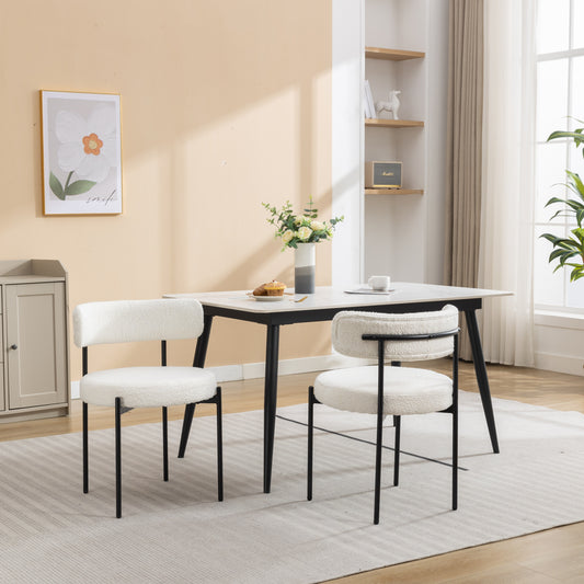 Set of 2 Modern Round Boucle Dining Chairs with Foam Cushions, 20.25W x 20.25D x 29H, Iron Legs, White